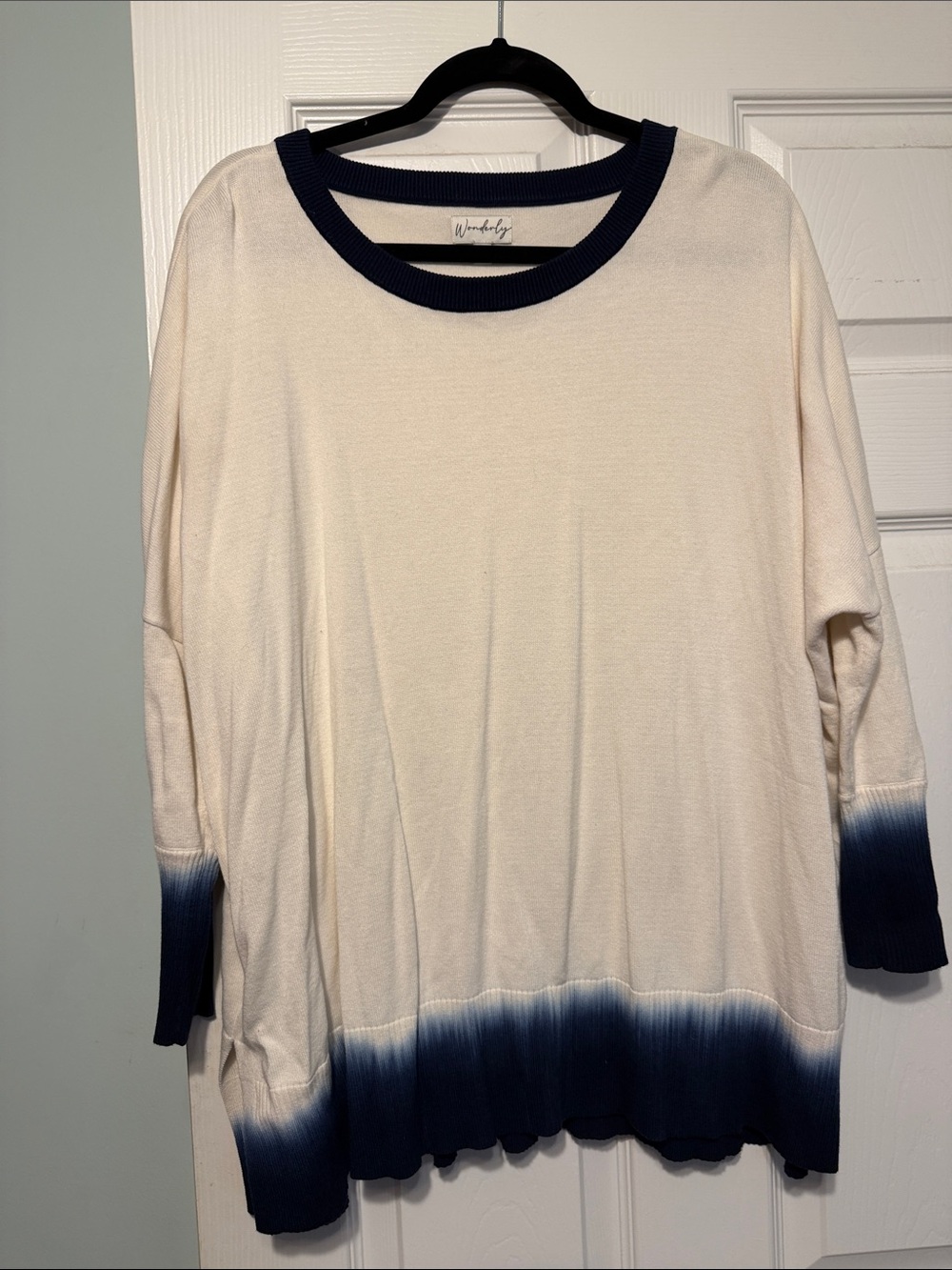 Wonderly Cream Pullover with Navy Dip-Dye Hem